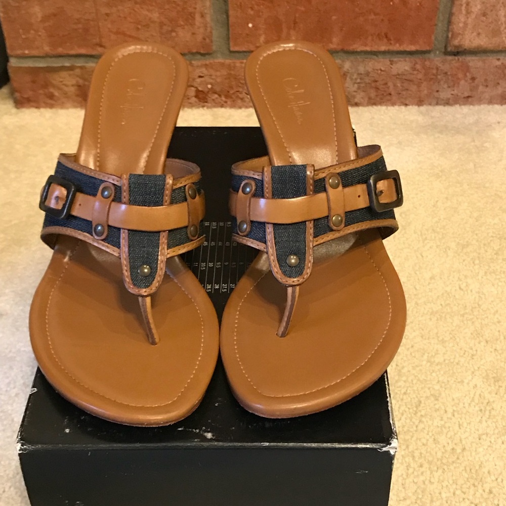 Cole Haan brown leather and blue denim wedge thong